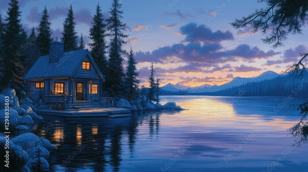 Fototapeta premium A serene anime-inspired depiction of a lakeside cabin at dusk, with calm waters reflecting the colors of the sunset and a cozy ambiance.