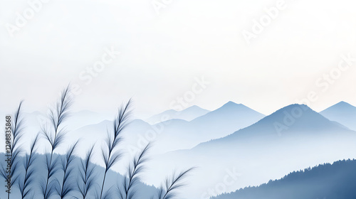 serene mountain landscape with soft blue hues and gentle grasses