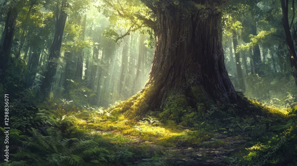 Obraz premium majestic ancient tree in sunlit forest