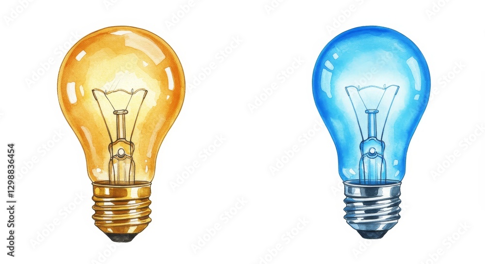 Watercolor Cartoon of Two Light Bulbs One Warm Yellow and One Cool Blue - This illustration features two light bulbs beautifully in watercolor Watercolor Cartoon of Two Light Bulbs One Warm Yellow and One Cool Blue - This illustration features two light bulbs beautifully in watercolor