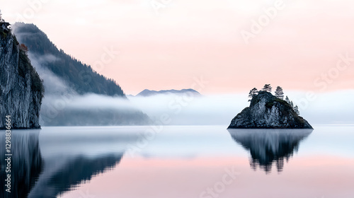 serene fjord landscape with calm waters reflecting steep cliffs and island