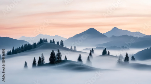 Breathtaking rolling hills blanketed in soft mist at sunrise