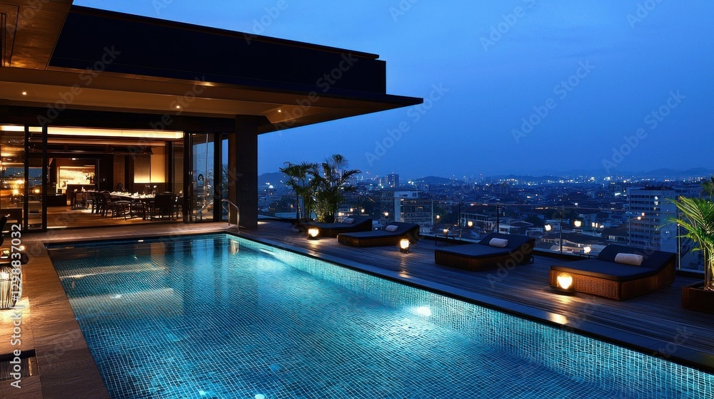 Fototapeta premium Rooftop infinity pool at luxury penthouse suite at twilight