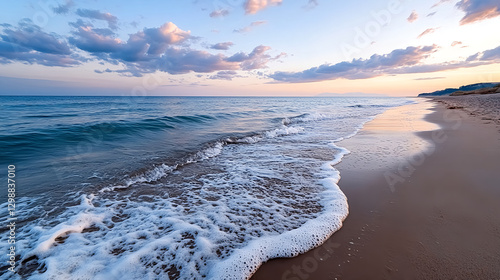 Serene coastal view with gentle waves washing on sandy beach at sunset