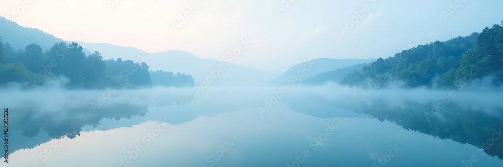 Soft blue mist rises from the surface of a serene lake, calm landscape, misty atmosphere Soft blue mist rises from the surface of a serene lake, calm landscape, misty atmosphere