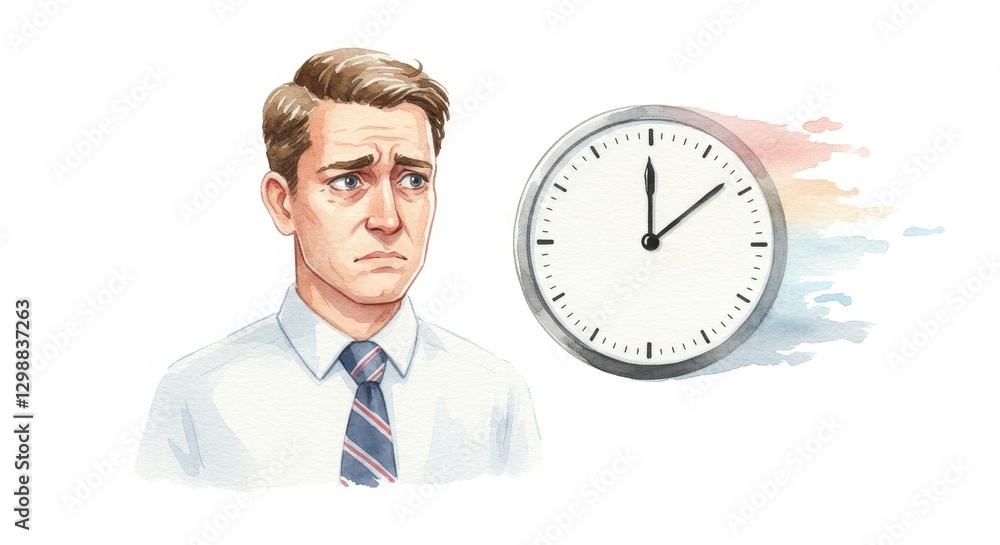 A worried man looks at the clock conveying feelings of anxiety and urgency - A watercolor cartoon illustrating a concerned man in a shirt and tie gazing at a clock, representing time pressure, stress A worried man looks at the clock conveying feelings of anxiety and urgency - A watercolor cartoon illustrating a concerned man in a shirt and tie gazing at a clock, representing time pressure, stress
