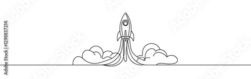 Rocket continuous one line drawing. Spaceship, rocket launch sign in simple linear style. Vector illustration.