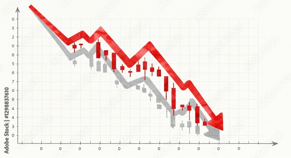 Watercolor Cartoon of A Downward Trend in Financial Chart - This watercolor cartoon illustrates a financial chart with declining values, red arrows Watercolor Cartoon of A Downward Trend in Financial Chart - This watercolor cartoon illustrates a financial chart with declining values, red arrows