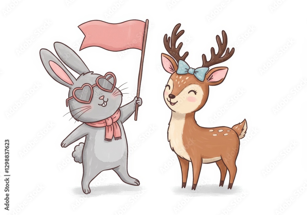 Cheerful Rabbit and Smiling Deer with Accessories - A lively watercolor cartoon showcases a joyful rabbit holding a flag alongside a cute deer, embodying friendship, playfulness, and celebration Cheerful Rabbit and Smiling Deer with Accessories - A lively watercolor cartoon showcases a joyful rabbit holding a flag alongside a cute deer, embodying friendship, playfulness, and celebration