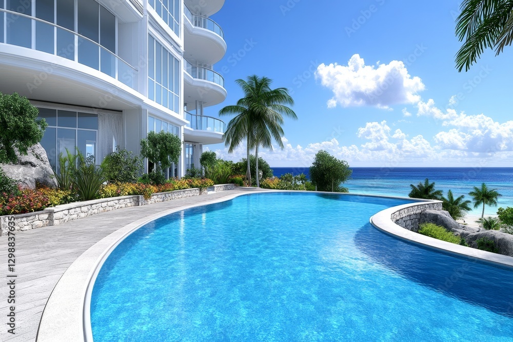 Fototapeta premium A luxurious beachfront resort with palm trees, infinity pools, and a stunning coastal view
