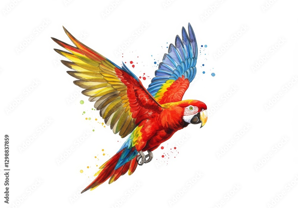 Fototapeta premium Majestic Colorful Parrot in Flight with Vibrant Wingspan - A stunning watercolor cartoon illustration of a lively parrot in flight surrounded by splashes of color symbolizing nature, freedom, beauty