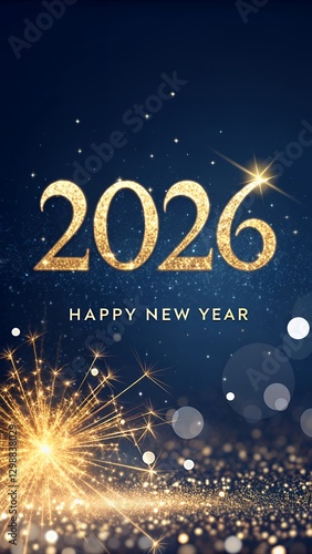 Glittering gold 2026 numbers, sparkling Happy New Year text, dark blue background