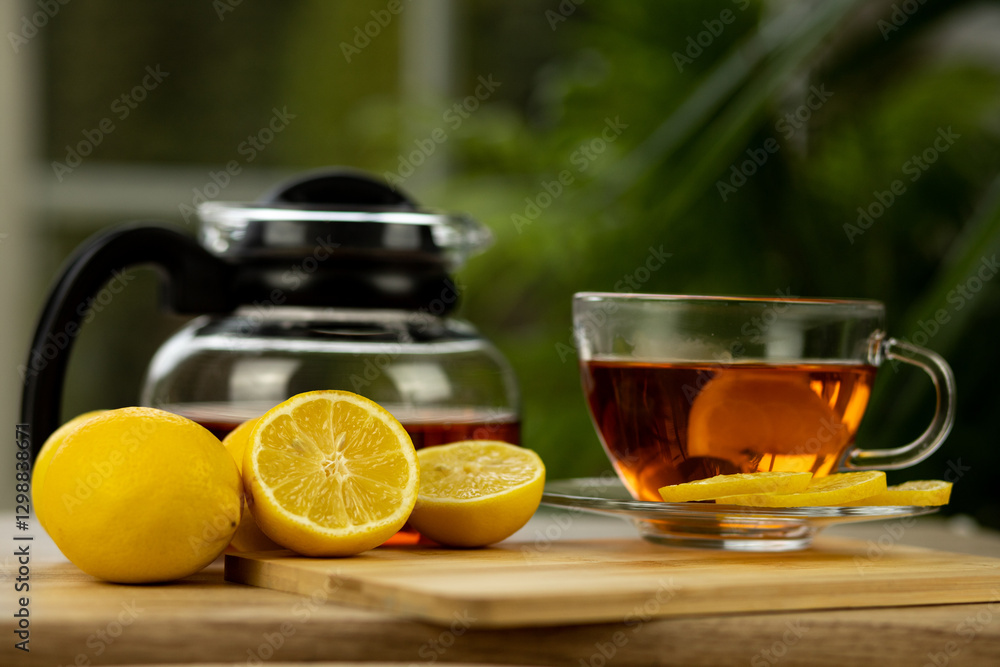 Glass cup of tea, teapot, sliced lemons on the table. Kettle with tea. Lemon tea Glass cup of tea, teapot, sliced lemons on the table. Kettle with tea. Lemon tea