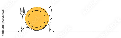 Plate with knife and fork continuous one line drawing. Tableware, dinnerservice, menu concept in simple linear style. Vector illustration.