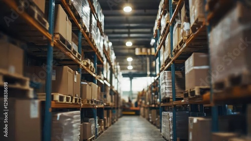 Warehouse aisle, filled boxes, deep perspective, forklift activity in background photo