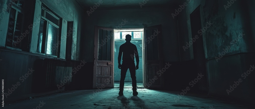 Silhouette of a Man Standing in a Dark Room with an Open Door Silhouette of a Man Standing in a Dark Room with an Open Door
