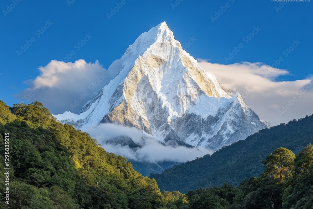 A majestic mountain range covered in snow, standing tall under a vibrant sunrise A majestic mountain range covered in snow, standing tall under a vibrant sunrise