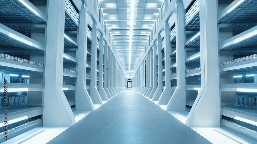 Naklejka premium Futuristic warehouse interior, aisle, shelves, illuminated