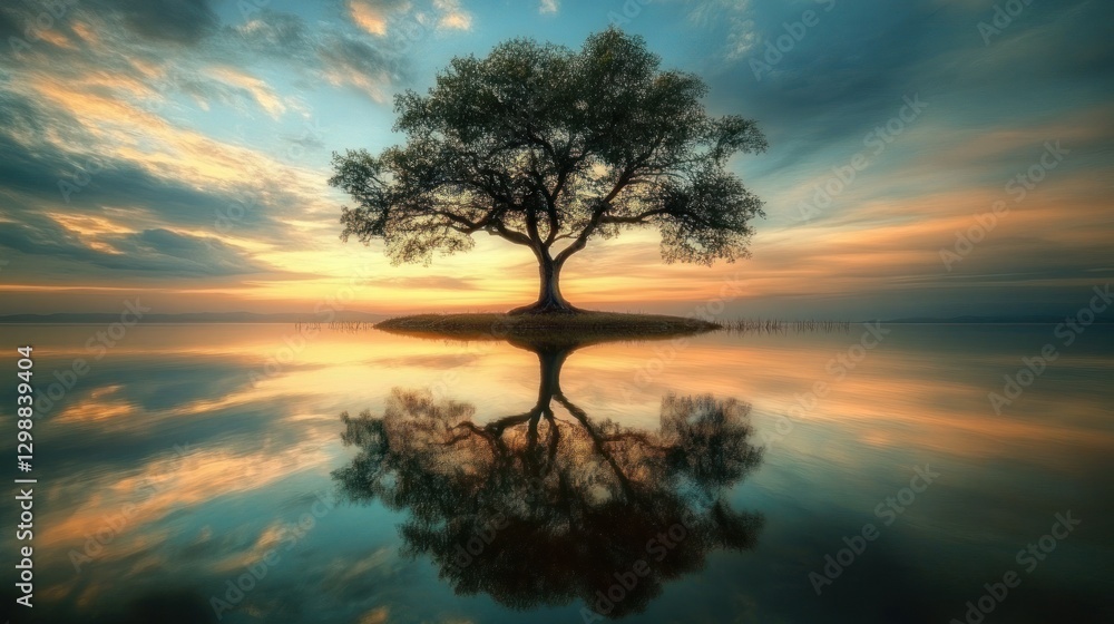 Fototapeta premium Tranquil tree reflected on serene lake at sunrise
