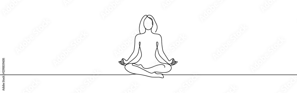 Woman sitting in meditation continuous one line drawing. Yoga sign in simple linear style. Vector illustration. Woman sitting in meditation continuous one line drawing. Yoga sign in simple linear style. Vector illustration.