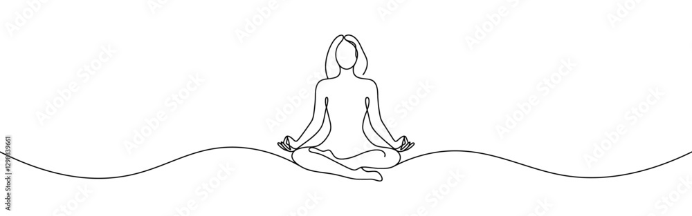 Woman sitting in meditation continuous one line drawing. Yoga sign in simple linear style. Vector illustration. Woman sitting in meditation continuous one line drawing. Yoga sign in simple linear style. Vector illustration.