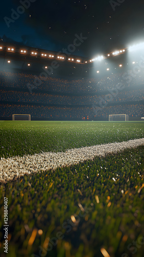 An illustration of an empty football stadium with bright lights shining down onto the green grass
