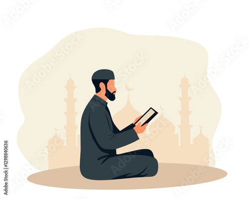 Illustration of a Muslim man reading the Quran in front of a mosque. Represents spirituality, Islamic faith, prayer, devotion, and religious practice, perfect for Ramadan, Islamic holidays,