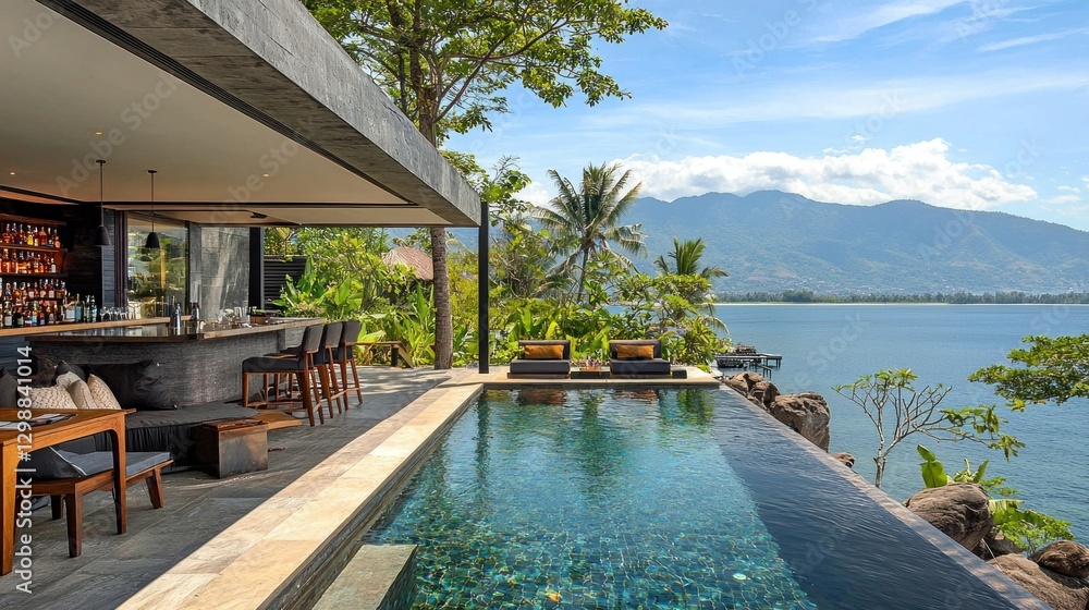 Obraz premium Luxurious lakefront bar & pool overlooking mountains