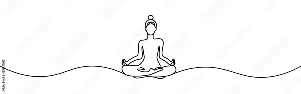 Woman sitting in meditation continuous one line drawing. Yoga sign in simple linear style. Vector illustration. Woman sitting in meditation continuous one line drawing. Yoga sign in simple linear style. Vector illustration.