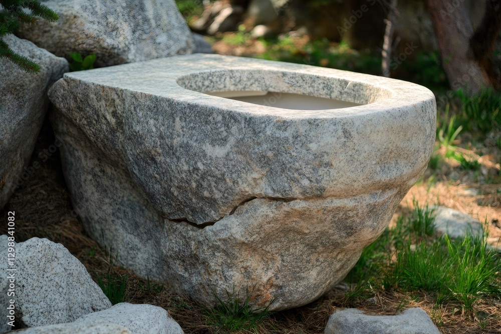 Granite toilet carved from a single block of stone, creating a rustic and durable outdoor bathroom experience Granite toilet carved from a single block of stone, creating a rustic and durable outdoor bathroom experience