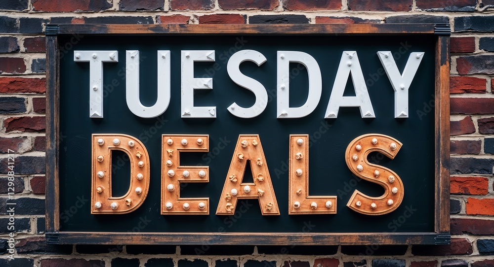 Obraz premium Tuesday deals lettering on a signage in brick wall dark background