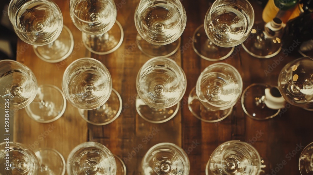 Neatly arranged empty glasses on a table, symbolizing simplicity and order in dining. Neatly arranged empty glasses on a table, symbolizing simplicity and order in dining.