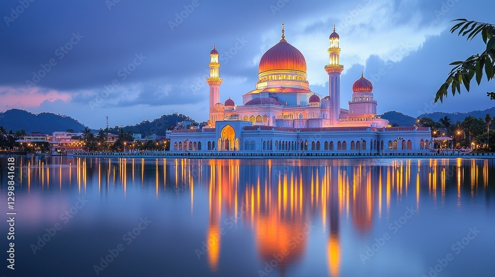 Fototapeta premium Dusk Reflection of Illuminated Mosque on Calm Water