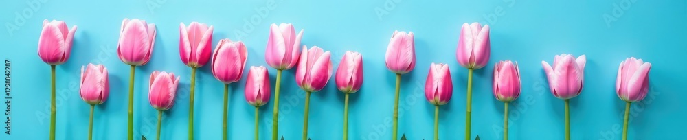 Fototapeta premium Pink tulip petals against a bright blue background, blossoms, petals