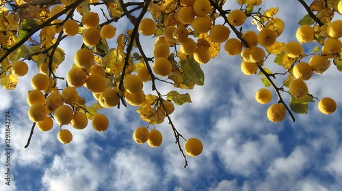 Lush Lemon Tree Branches Against a Cloudy Sky