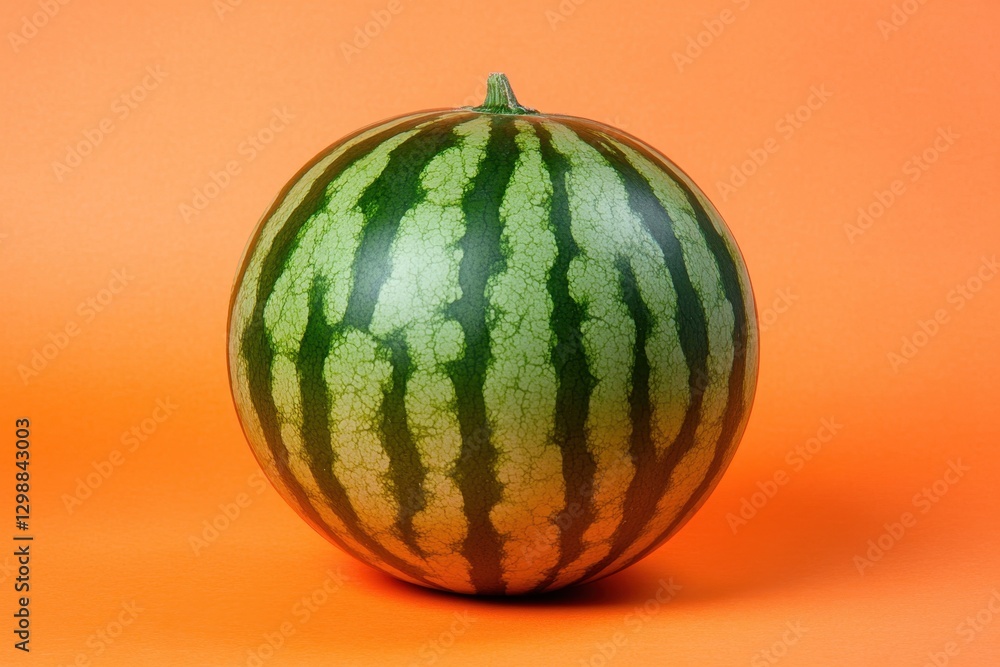A perfectly ripe watermelon sits against an orange background A perfectly ripe watermelon sits against an orange background