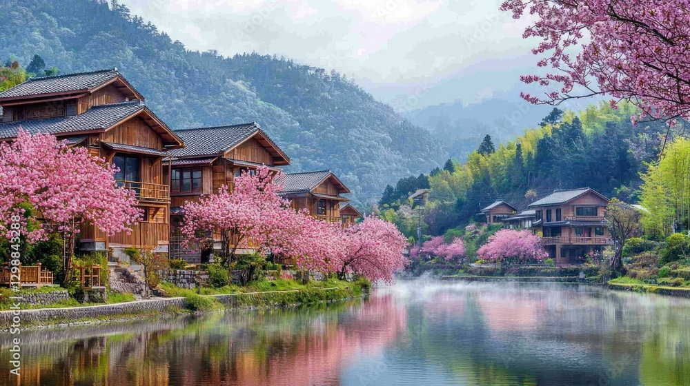 Fototapeta premium Spring Cherry Blossoms in a Mountain Valley Village