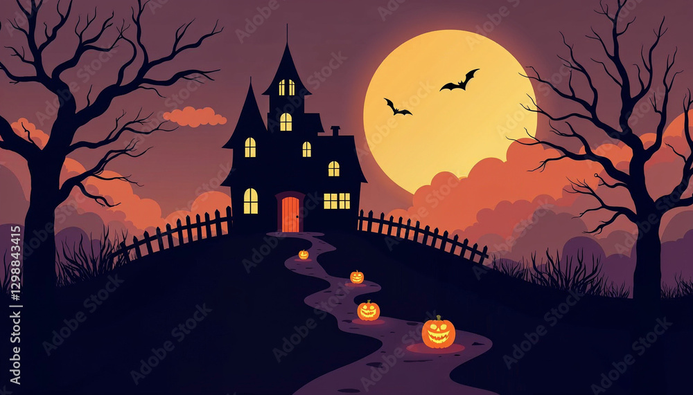 Minimalist Eerie Haunted House Vector Illustration with Full Moon and Halloween Elements Minimalist Eerie Haunted House Vector Illustration with Full Moon and Halloween Elements