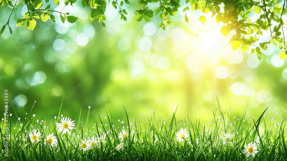 Spring meadow sunlit by forest background Spring meadow sunlit by forest background
