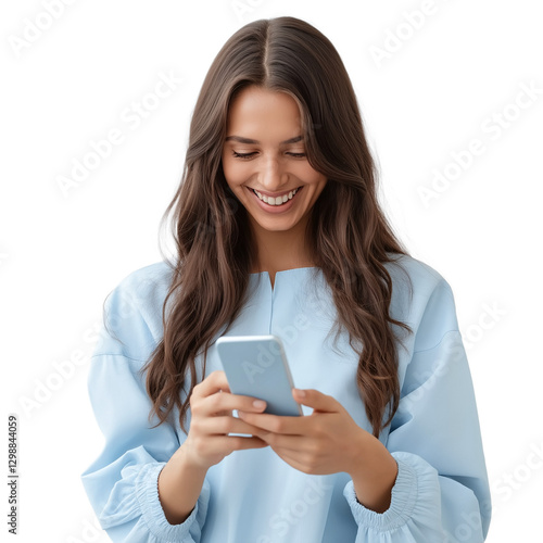 Happy Woman Texting on Smartphone png isolated on transparent background