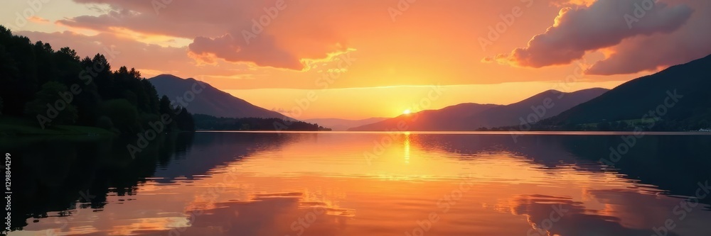 Obraz premium Golden sunset colors on a bodensee lake at dusk, sunset, natural
