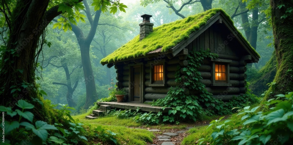 Lush greenery surrounding the cabin with vines and moss, plants, greenery, wild Lush greenery surrounding the cabin with vines and moss, plants, greenery, wild