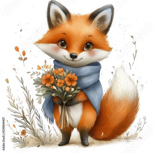 Cute Fox Character Holding Flowers in a Whimsical Setting With Soft Colors an...