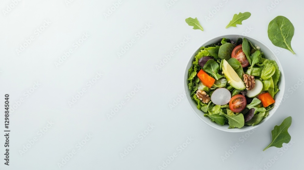 overhead shot of colorful salad bowl on clean white table fresh ingredients arranged aesthetically promoting healthy overhead shot of colorful salad bowl on clean white table fresh ingredients arranged aesthetically promoting healthy