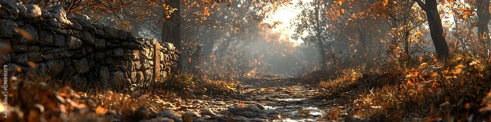 Obraz premium A forest path with a stone wall on the side