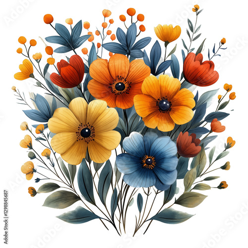 Vibrant Floral Arrangement With Various Colors and Shapes in a Decorative Style