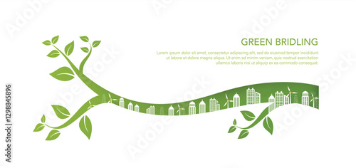 Green building Eco-friendly building in the modern city. urban environment concept. Ecology and green living in city, ESG, renewable energy. paper illustration, Green vector illustration