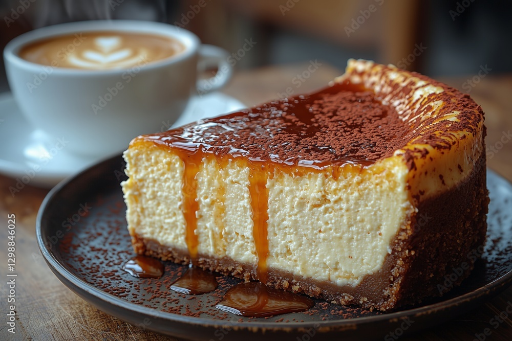 A slice of New York cheesecake with a drizzle of caramel sauce, placed next to a hot espresso in a cafe A slice of New York cheesecake with a drizzle of caramel sauce, placed next to a hot espresso in a cafe