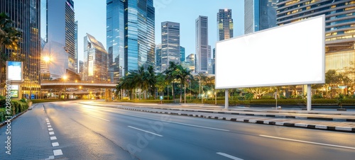 Urban Billboard Advertisement Space Amidst Cityscape Towers and Streets at Dusk or Dawn Glow photo