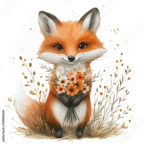 Cute Fox Holding a Bouquet of Flowers in a Vibrant Forest Setting During the Day